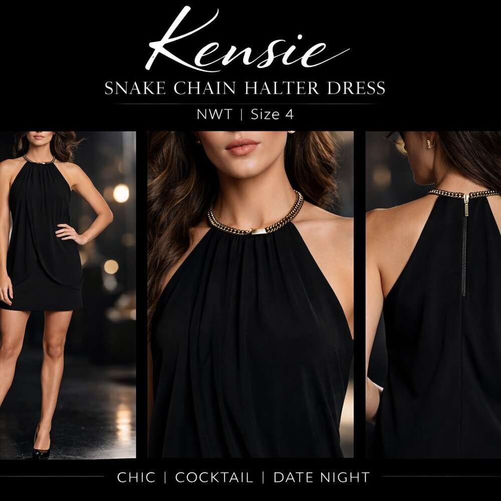 Kensie Black Snake Chain Halter Dress Petal Panel Draped Shift NWT Size 4 Cockta